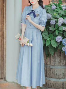 Blue Peter Pan Collar Puff Sleeve Fall 1950S Flower Vintage Dress