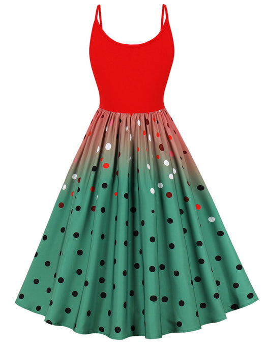 Red And Green Spaghetti Strap Polka Dots 1950S Christmas Dress