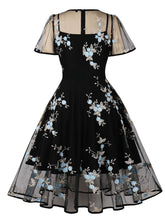 Load image into Gallery viewer, Black Semi Sheer Butterfly Lace Embroidered 1950S Vintage Dress