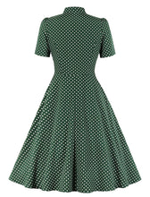 Load image into Gallery viewer, 1950s Dark Green Polka Dots Bow Collar Vintage Swing Dress