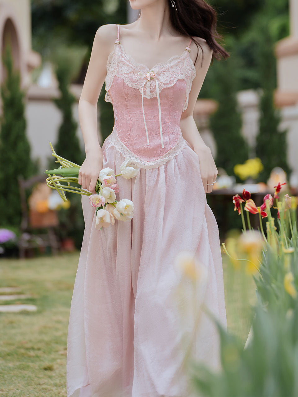 2PS Pink Lace Spaghetti Strap 1950S Swing Victoria's Fairy Dress With Lace Cardigan White / S 2PS Pink Lace Spaghetti Strap 1950S Swing Victoria's Fairy Dress With Lace Cardigan White / S