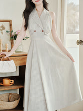 Load image into Gallery viewer, White V Neck Vertical Striped Vintage Dress