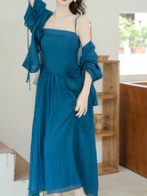 Load image into Gallery viewer, Blue Handmade Rose Spaghetti Strap Maxi Dress Prom Dress With Cardigan