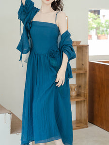Blue Handmade Rose Spaghetti Strap Maxi Dress Prom Dress With Cardigan