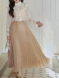 2PS White Victorian Lace Shirt and High Waist Pleated Skirt Vintage Dress Outfit