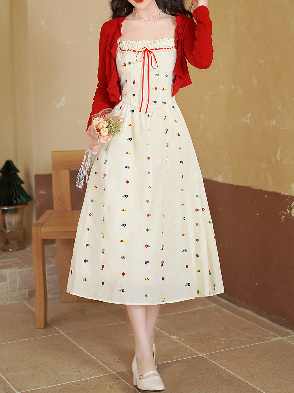 White Cute Cotton Embroidered Dress with Red Cardigan Vintage Suit Jolly Vintage White Cute Cotton Embroidered Dress with Red Cardigan Vintage Suit Jolly Vintage