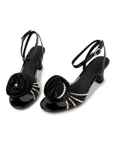 Load image into Gallery viewer, Women&#39;s Round Toe Handmade Rose Spool Heel Sandals Leather Vintage Shoes