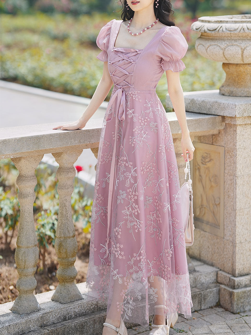 Pink Embroidered Square Neck Puff Sleeve Vintage Lace Up Dress, Pink / M Pink Embroidered Square Neck Puff Sleeve Vintage Lace Up Dress, Pink / M