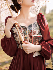 Wine Red Square Collar Floral Print Corset Long Sleeve Vintage 1950S Dress