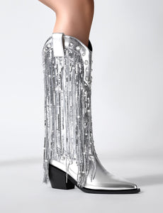 7CM Luxury Silver Fringed Chunky Heel  Boots Vintage Shoes