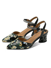 Load image into Gallery viewer, White Floral Print Rhinestone Chunky Heel Vinatge Shoes