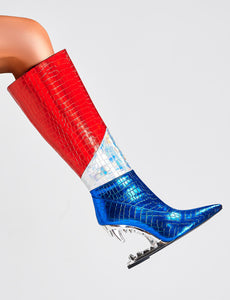 Blue High Heel Pointed Toes Metallic Leather Boots Shoes