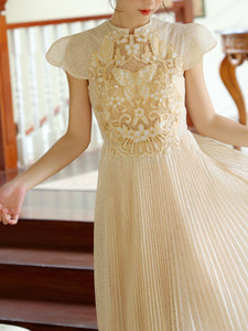 Apricot Embroidered Butterfly Hollow Short Sleeve Lace Dress