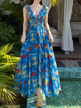 Load image into Gallery viewer, 2PS Blue Floral Print V-Neck Ruffles Maxi Dress with Cardigan Set