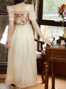 Apricot Square Collar Floral Print Corset Short Sleeve Vintage 1950S Dress