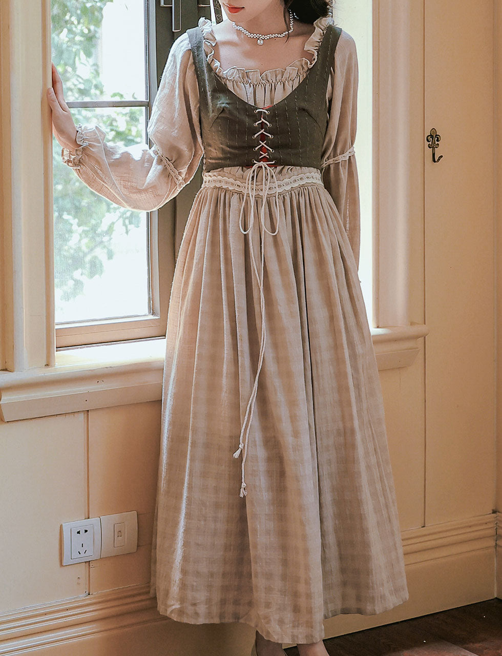 2PS Grey Off Shoulder Cottagecore Dress with Green Vest Jolly Vintage 2PS Grey Off Shoulder Cottagecore Dress with Green Vest Jolly Vintage