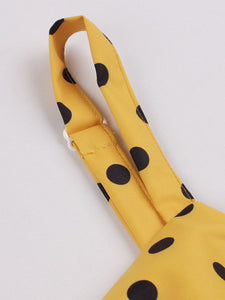 1950S Spaghetti Strap Bow Vintage Dress With Yellow and Black Polka Dots
