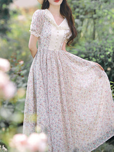 Pink Lace Floral Print Puff Sleeve Fairy Corecottage Dress