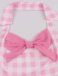 Pink And White Plaid Halter Off Shoulder Bow Barbie Retro Dress