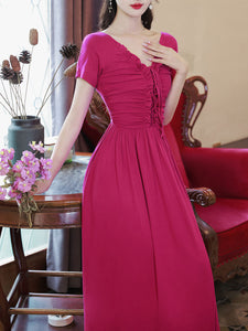 Rose Red V Neck Short Sleeve Vintage 1950S Dress