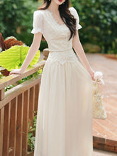 Load image into Gallery viewer, Chic White Hepburn Style Shimmer Co-ord Set - Retro Lace Top &amp; Bodycon Fish Tail Midi Skirt 2-Piece Suit