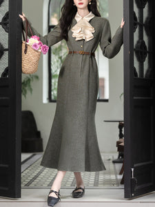 Light Grey Cascade Edwardian Revival Vintage Fishtail Dress