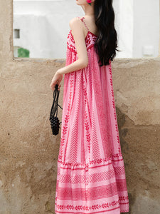 2PS Pink Spaghetti Strap Tropical Pattern Holiday  Dress With White Long Sleeve Cardigan