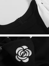 Load image into Gallery viewer, Black Bow Collar Embroidered Rose 1950S Vintage Dress