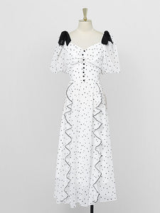 White Sweet Heart Print Square Neck Bow Chiffon 1950S Dress