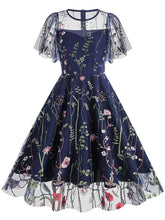 Load image into Gallery viewer, Wine Red Semi Mesh Flower Embroidered Short Sleeve 50S Swing Dress