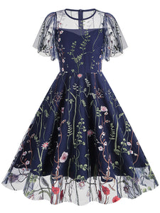 Wine Red Semi Mesh Flower Embroidered Short Sleeve 50S Swing Dress