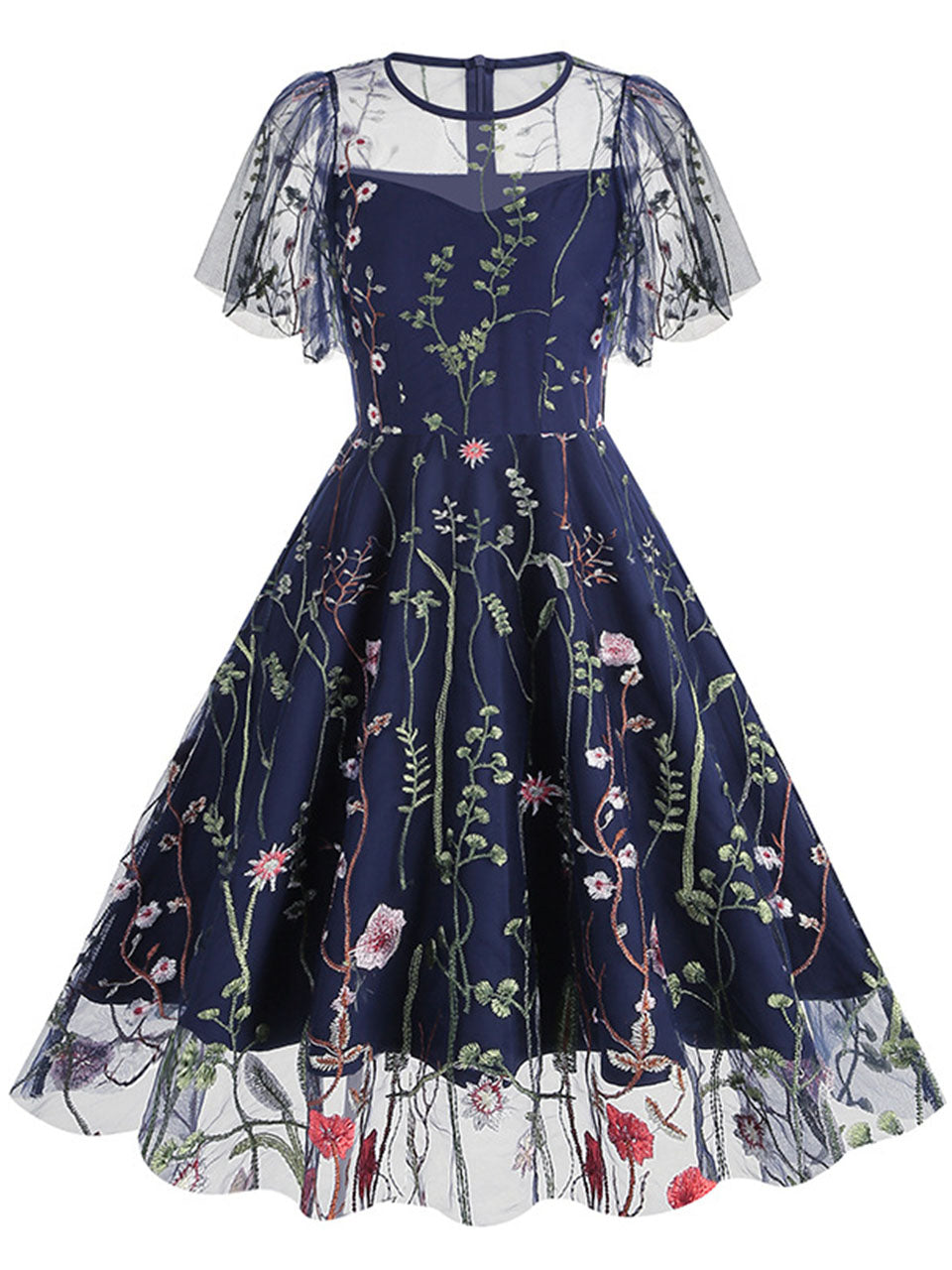 Wine Red Semi Mesh Flower Embroidered Short Sleeve 50S Swing Dress