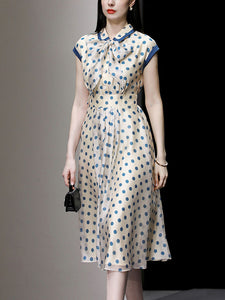 Blue Polka Dots Bow Collar 1950S Vintage Dress With Cap Sleeve