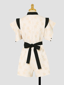 Apricot Jacquard Fabric Short Sleeve High Waist Jumpsuit