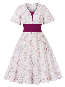 White V Neck Print 1950s Vintage Swing Dress