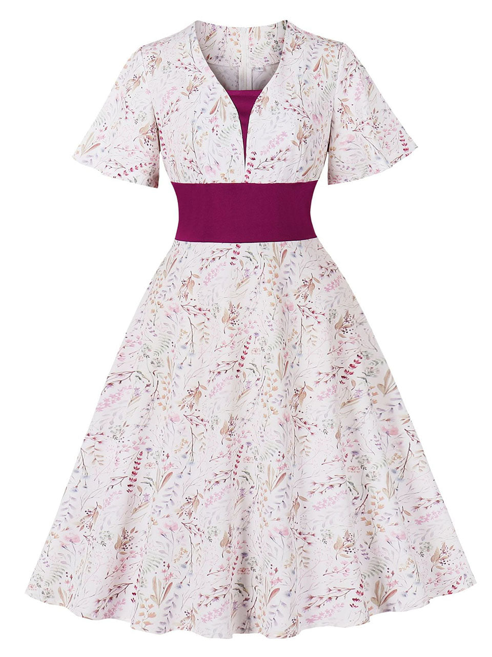 White V Neck Print 1950s Vintage Swing Dress