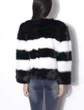 Load image into Gallery viewer, Black and White Stripes Faux Fur Long Sleeve Coat Women Winter Coat