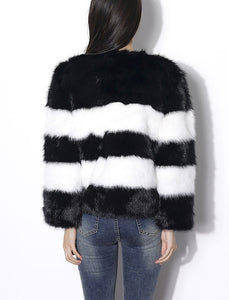 Black and White Stripes Faux Fur Long Sleeve Coat Women Winter Coat