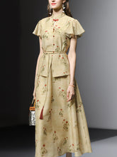 Load image into Gallery viewer, 2PS Brown Floral Print Ruffled Sleeve Shirt With Swing Skirt Set