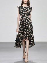 Load image into Gallery viewer, Black Floral Print Short Front Long Back Design Butterfly Sleeve 1940S Vintage Dress