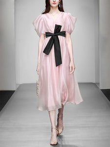 Light Pink V-neck Organza Fairy Dress With Black Belt, Pink / L Light Pink V-neck Organza Fairy Dress With Black Belt, Pink / L