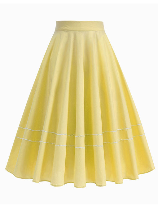 1950S Yellow High Waist Pleated Swing Vintage Skirt With Pockets