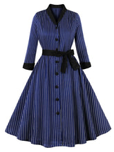 Load image into Gallery viewer, 1950S Navy Vertical Stripes 3/4 Sleeve Vintage Swing Dress