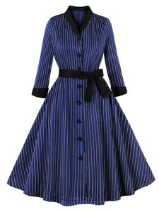 1950S Navy Vertical Stripes 3/4 Sleeve Vintage Swing Dress