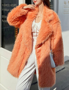 Orange Faux Fur Long Sleeve Lambswool Coat Women Winter Coat