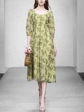 Load image into Gallery viewer, Mustard Yellow Square Neck Floral Print 1950S Vintage Swing Dress