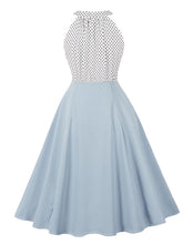 Load image into Gallery viewer, Blue Sweat Heart Halter Sleeveless Polka Dots 1950s Vintage Swing Dress