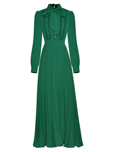 Green Bow Collar Long Sleeve Lace 1950S Vintage Maxi Dress