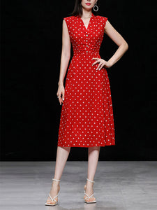 Red Polka Dots V-neck Hepburn Same Style Chiffon Dress