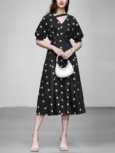 Black V Neck Balloon Sleeve Embroidered 1950S Vintage Dress
